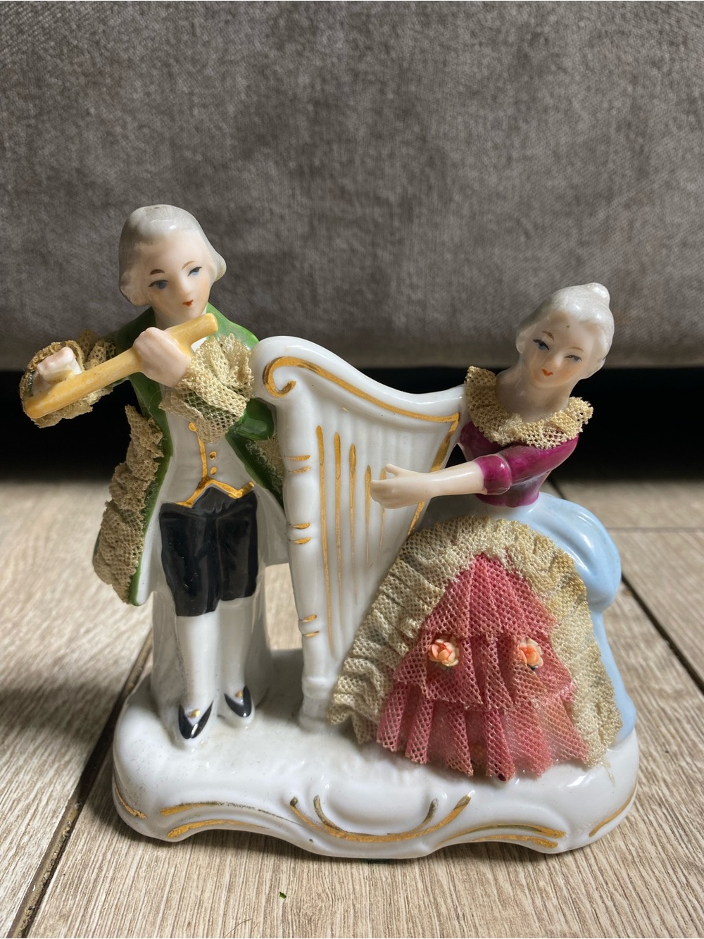 Vintage Dresden Style Porcelain Lace Figurine Musical Couple Harp Flute Rococo